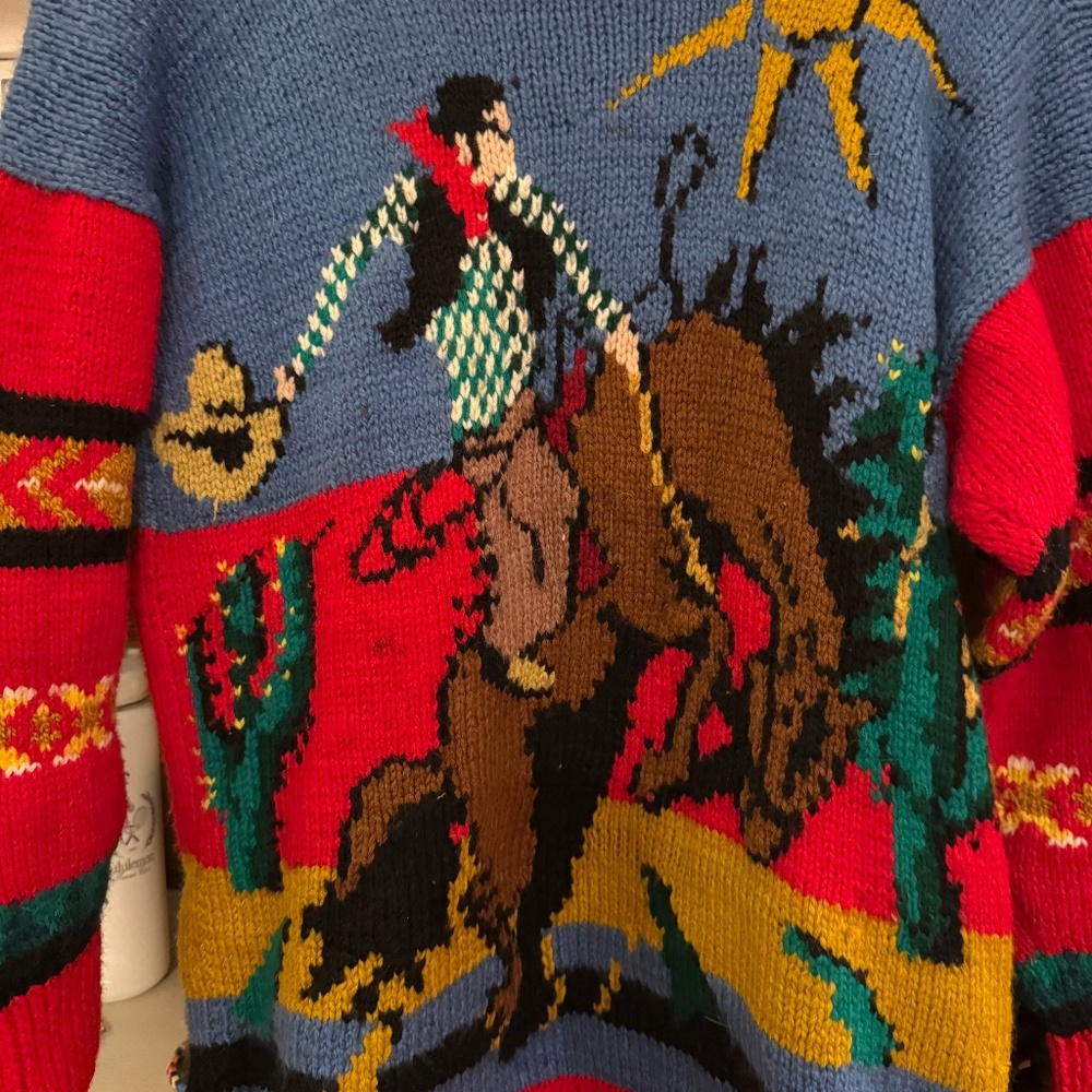 Vintage Rodeo bucking bronco bull cowboy sweater turtleneck S M - Picture 3 of 5